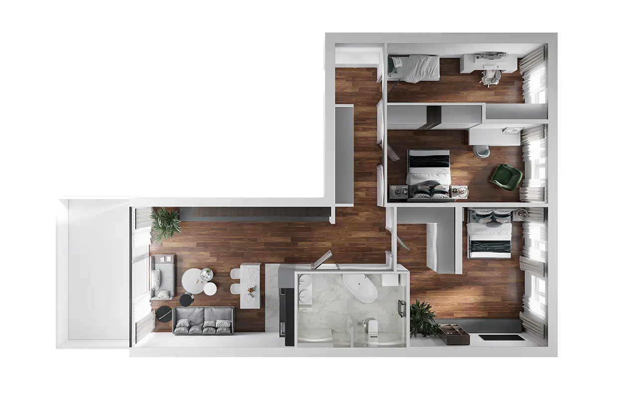3-Zimmer-Wohnung visualisiert